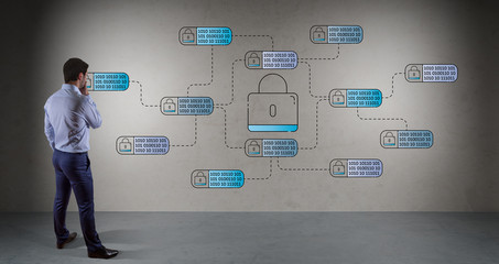 Businessman watching thin line web security interface