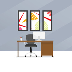 Office room interior. Modern workplace with desk or table, chair, computer, pictures on the wall. Vector illustration.