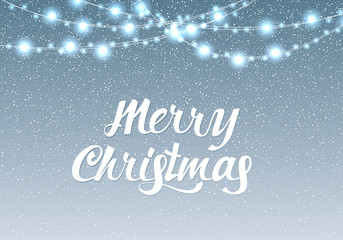 Merry Christmas light bulb garland in winter background Vector Illustration. Lettering Design With light garland And snow. landscape background, snow, banner design template.