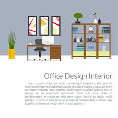 Office room interior banner with space for text. Modern business workspace with office furniture: desk, chair, computer, bookcase, pictures on the wall. Vector illustration. 