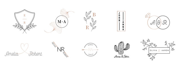 Wedding monogram logos collection, hand drawn modern minimalistic and floral templates for Invitation cards, Save the Date, elegant identity for restaurant, boutique, cafe in vector - obrazy, fototapety, plakaty