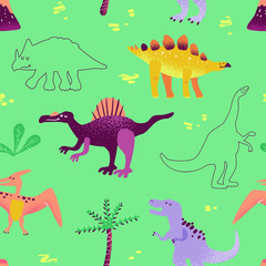Seamless cute cartoon dinosaurs pattern. Vector baby dino background texture. Backdrop for textile, fabric, wallpaper print