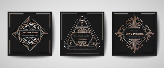 Art deco luxury wedding Save the Date, invitation cards collection with gold geometric frames. Vector trendy cover, graphic poster, gatsby 1920 brochure, design template