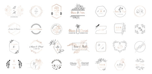 Duży zestaw kolekcji monogramów ślubnych, ręcznie rysowane nowoczesne minimalistyczne i kwiatowe szablony do zaproszeń, Zapisz datę, elegancka tożsamość dla restauracji, butiku, kawiarni w wektorze - 228909996
