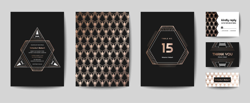 Art deco luxury wedding Save the Date, invitation cards collection with gold geometric frames. Vector trendy cover, graphic poster, gatsby 1920 brochure, design template