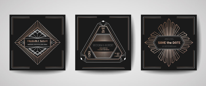 Art deco luxury wedding Save the Date, invitation cards collection with gold geometric frames. Vector trendy cover, graphic poster, gatsby 1920 brochure, design template