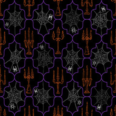 Seamless Spooky Halloween Orange Candelabras with White Spiders & Gray Webs and Purple Geometric Lines on Black