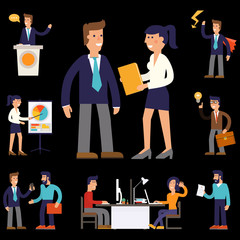 Vector concept cartoon character illustrations businessmen presentating a report, striking a target, searching information, talking with colleague, working with a computer, speaking by megaphone