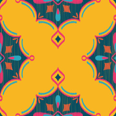 Seamless Vector Ikat Textured Teardrop Diamond Geometric Pattern in Yellow, Hot Pink, Navy, & Teal