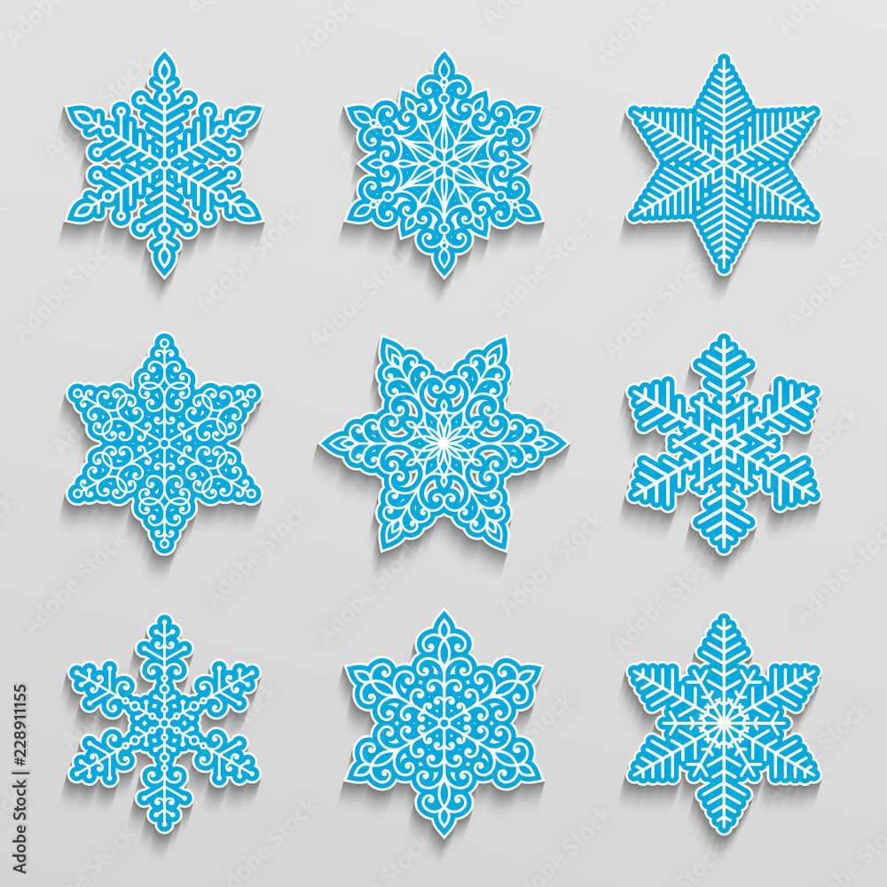 Poster Set of vector snowflake stickers with shadows.