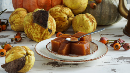 Quince cheese or marmelada is a sweet, thick jelly made of the pulp of the quince fruit. dulce de membrillo in Spain 