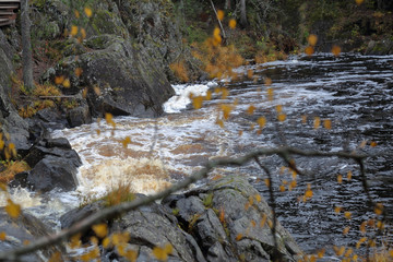 Scenic Karelian waterfall Ahvenkoski in autumn. Russia
