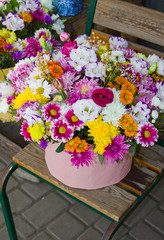 букет цветов в розовом вазоне, стоящий на стуле