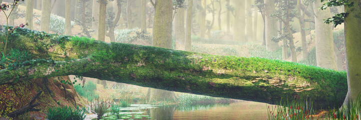 fallen tree, natural bridge in magical forest, beautiful fantasy forest landscape