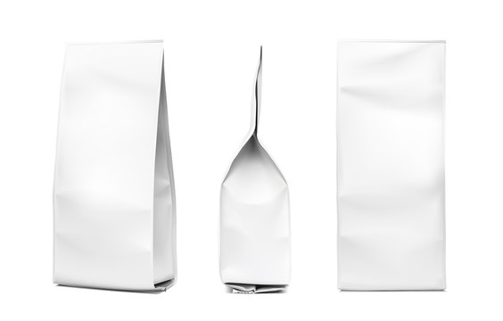 Realistic vertical bag. Packaging from different angles. Front, side and perspective view. Vector illustration isolated on white background. Ready for your design. EPS10.