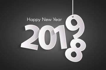 Black Happy New Year 2019 concept with paper cuted white numbers on ropes. Vector illustration