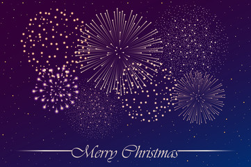 Firework show on blue and violet night sky background. Christmas concept. Congratulations or invitation card background. Vector illustration