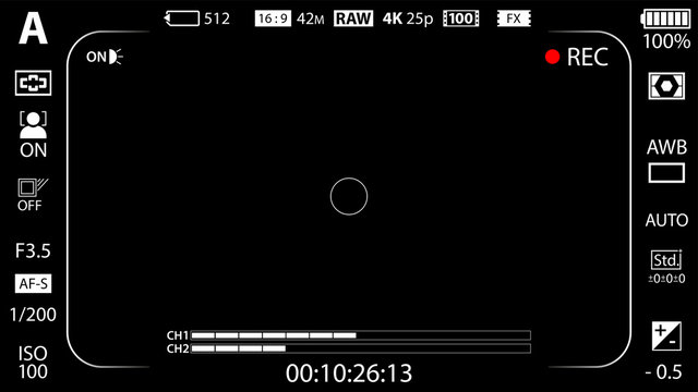 Modern digital video camera focusing screen with settings template. Black viewfinder mirrorless, DSLR or cameraphone camera recording. Vector illustration
