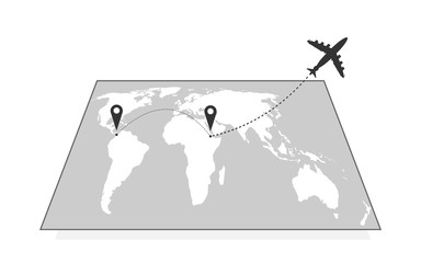 Airplane travel concept with GPS points and world map. Line path icon. Flight start point. Vector illustration