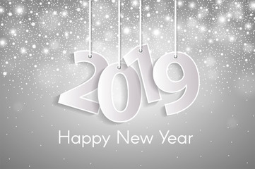 Fototapeta na wymiar Happy New Year 2019 greeting card concept with paper cuted white numbers on ropes. Vector illustration