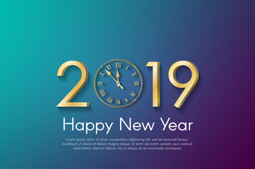 Golden New Year 2019 concept on cyan and violet background. Vector greeting card illustration with golden numbers and vintage clock