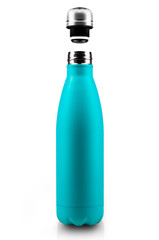 Opened stainless thermo water bottle, close-up isolated on white background.