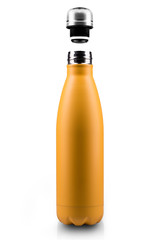 Opened stainless thermo water bottle, close-up isolated on white background.