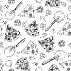 Cotton fabric Pizza slices seamless pattern. Hand drawn menu background with pizza and ingredients. Vector sketch illustration. Engraved style. Food background.
