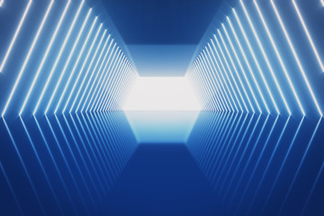 Futuristic Sci-Fi Abstract Blue Neon Light Shapes On Black Background With Empty Space For Text 3D Rendering Illustration