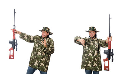 Soldier with weapons isolated on white