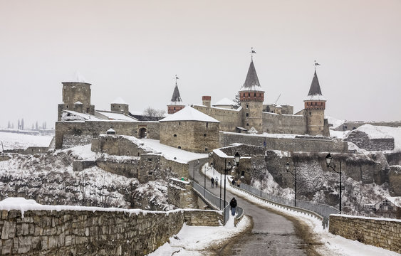 Winter view of Medieval fortress of Kamyanets-Podilsky, Ukraine