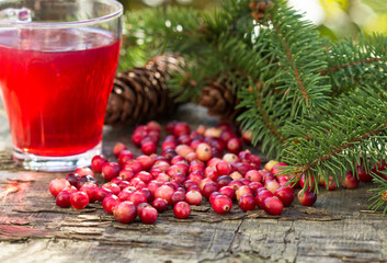 Cranberries and cranberry juice in a glass and fir branches on a wooden background.