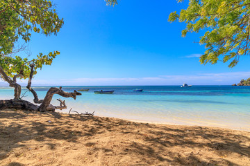 Caribbean beach with fishing boats at Playa la Ensenada, Dominican Republic