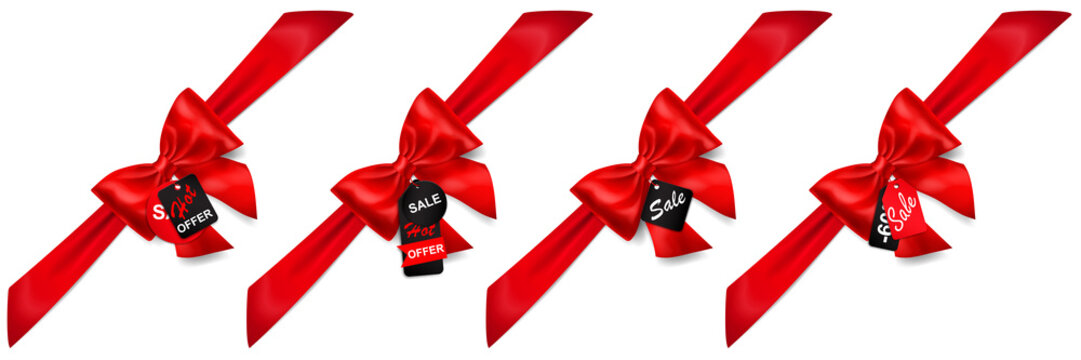 Set of red bows with diagonally ribbons, shadows and sale labels and tags on white background