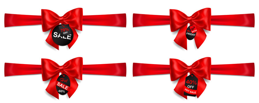 Set of red bows with horizontal ribbons, shadows and sale labels and tags on white background