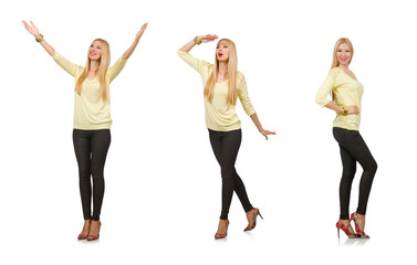 Obraz premium Pretty woman in yellow blouse isolated on white