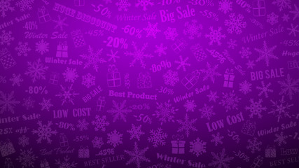 Background on winter discounts and special offers, made of snowflakes, inscriptions and gift boxes, in purple colors