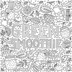 Obraz premium Zielone smoothie. Napis z owocami i warzywami doodles