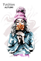 Hand drawn beautiful young woman holding autumn leaf. Stylish elegant girl. Fashion woman portrait. Sketch.
