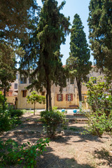 Residential alley and dwellings in old town.  Rhodes, Old Town, Island of Rhodes, Greece, Europe.