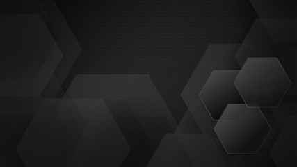 Abstract background of hexagons and halftone dots in black and gray colors
