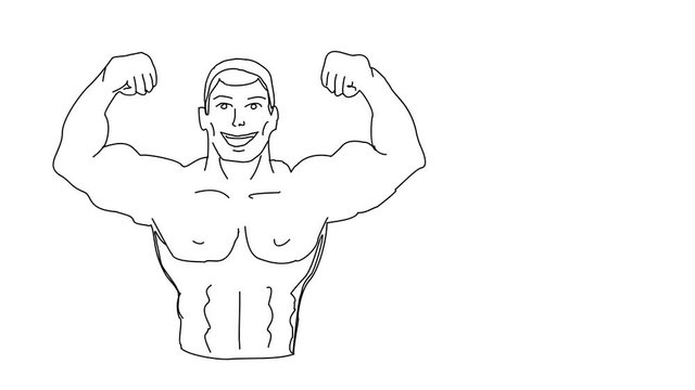 Animated sketch vector self drawing doodle male bodybuilder posing flexing muscles drawn in black changes to color illustration