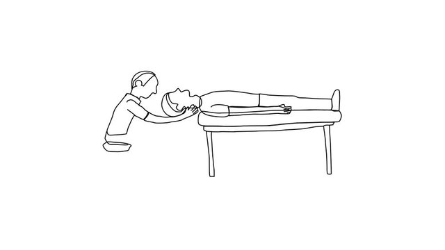 Animated sketch vector drawing doodle therapist stretching massaging patients neck drawn in black changes to color illustration