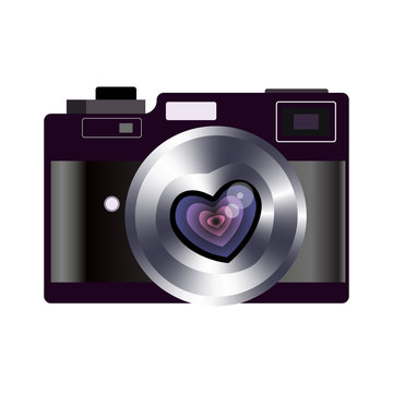 Retro camera valentines heart vector. Favorite lens in shape of heart icon with long love. Illustration for web design and mobile app