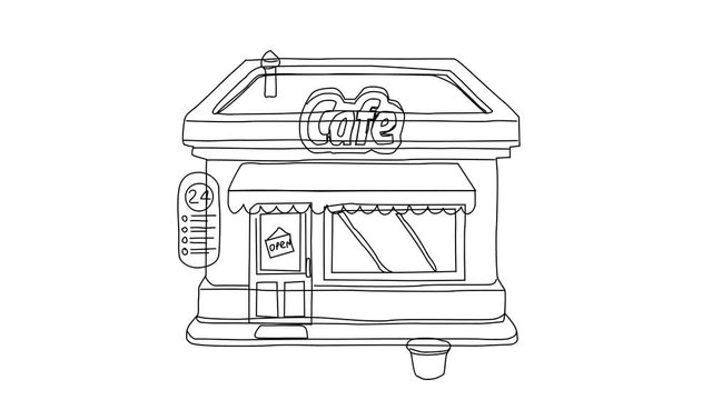 Animated sketch vector drawing doodle outside of coffee shop drawn in black changes to color illustration