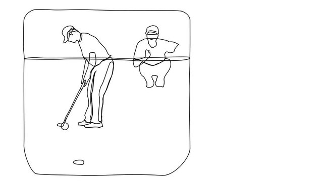 Animated sketch vector self drawing doodle golfers putting on the green during tournament drawn in black changes to color illustration