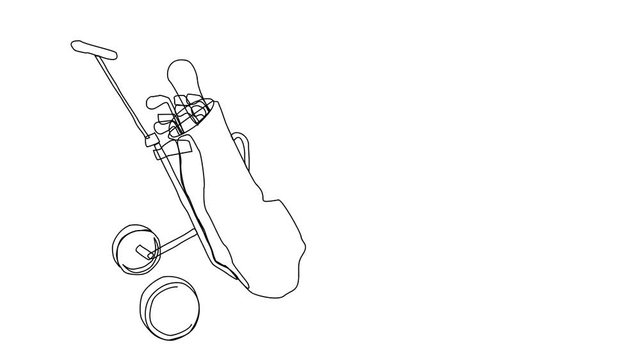 Animated sketch vector self drawing doodle golf clubs in bag on rolling wheels cart drawn in black changes to color illustration