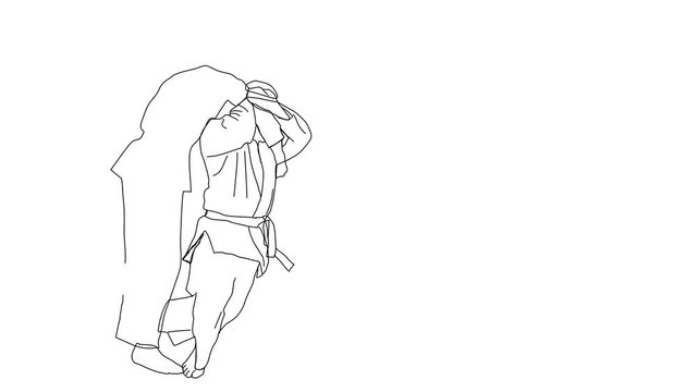 Animated sketch vector self drawing doodle Judo martial arts fighting competing takedown move drawn in black changes to color illustration