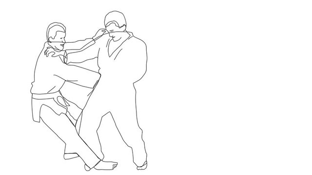 Animated sketch vector self drawing doodle Judo martial arts fighting competing takedown move drawn in black changes to color illustration