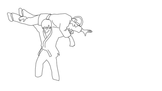 Animated sketch vector self drawing doodle Judo martial arts fighting competing throwing move drawn in black changes to color illustration